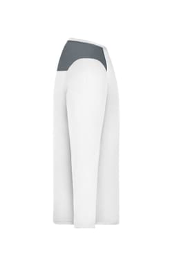 A long-sleeve men's running shirt in white with grey detailing on the shoulders. Features a logo on the chest area.