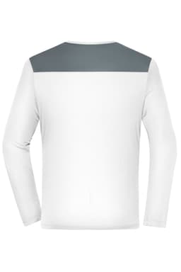 A long-sleeve men's running shirt featuring a predominantly white design with a grey shoulder panel and branding.