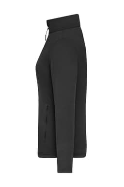 A black ladies' structured fleece jacket featuring a high collar and a zippered side pocket. It has a small logo.