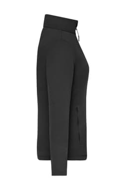 A black ladies sports structured fleece jacket with a collar and side zip pockets, featuring a logo.