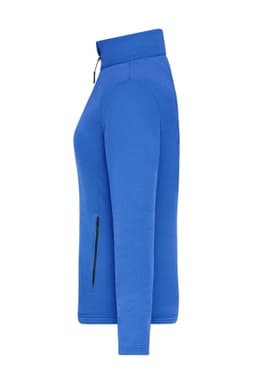 A fitted ladies' polar fleece jacket in bright blue with a zip pocket and a high collar. It features a logo.