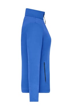 A structured fleece jacket in bright blue, featuring a high collar and side zip pockets. It has a logo on the chest.