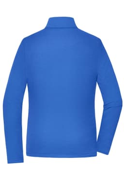 A blue ladies sports structured fleece jacket featuring a high collar and long sleeves, with branding on the back.