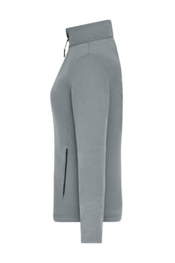 A structured fleece jacket in light grey with a zippered pocket and a high collar, featuring a branding logo.
