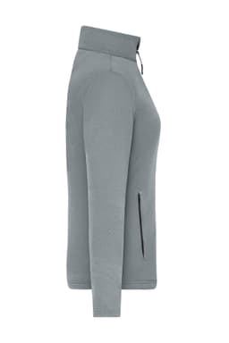 A grey ladies' sports structured fleece jacket with a zippered pocket and a high collar. It features a logo.