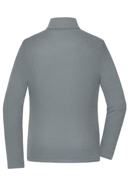 A grey ladies' structured fleece jacket featuring a stand-up collar and long sleeves, with a logo displayed.