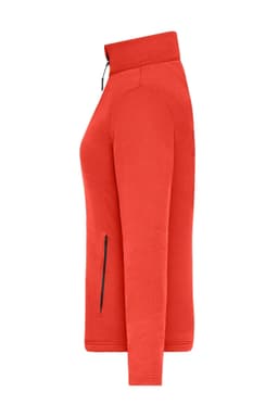A structured fleece jacket in bright red, featuring a zippered pocket and a high collar. It includes a branding logo.