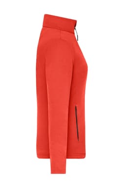 A structured fleece jacket in red featuring a zip pocket and a high collar. It has a logo on the front.