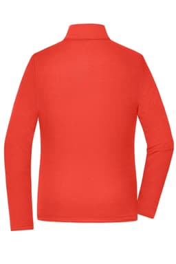 A red ladies sports structured fleece jacket with long sleeves and a high collar, featuring a logo.