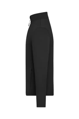 A men's black structured fleece jacket with a zippered front and side pockets, featuring a logo.