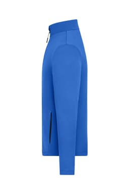 A blue men's sports structured fleece jacket featuring long sleeves and a zip collar, with a side zip pocket.