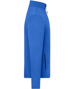 A blue men's sports structured fleece jacket with a zip and side pockets, featuring a logo.