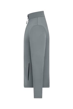 A men's structured fleece jacket in grey with a high collar and side zip pockets. Features a logo on the chest.