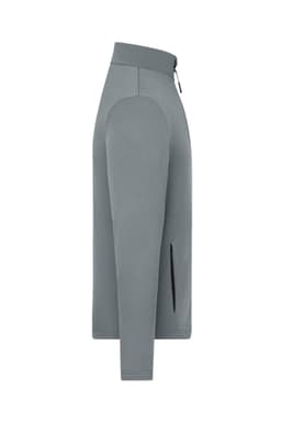 A men's sports structured fleece jacket in grey, featuring a zip and side pockets, with a branding logo.