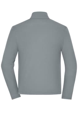 A light grey men's structured fleece jacket featuring a high collar and long sleeves, with a logo present.