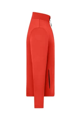 A men's sports structured fleece jacket in bright red, featuring a zippered front and side pockets.