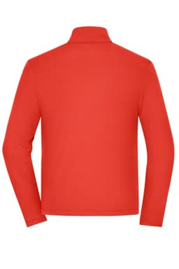 A red men's sports structured fleece jacket with long sleeves and a high collar, featuring a logo on the back.