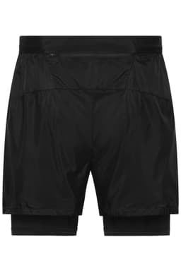 Men's running shorts in black, featuring an inner layer and a logo. Designed for sports and active wear.