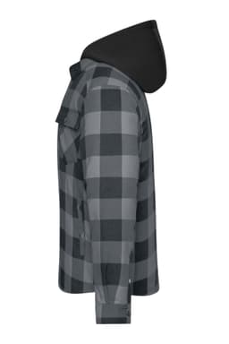 A check shirt jacket in grey and black with a hood, featuring a side view and a logo on the jacket.