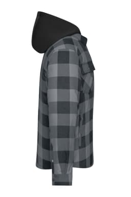 A grey and black check shirt jacket with a hood, featuring a side view showing its design and fit.