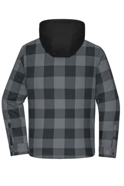 A grey and black checked work shirt jacket with a hood and zippered pockets. Features a branding logo.