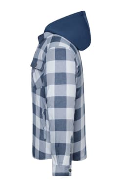 A check shirt jacket in navy and light blue, featuring a hood and side pocket, with a casual style.