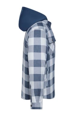 A check shirt jacket featuring a blue hood, with a blue and white check pattern, and a side view showing details.