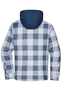 A check shirt jacket with a navy hood, featuring a blue and white plaid pattern on the back.
