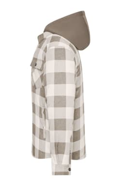 A check shirt jacket in beige and white, featuring a khaki hood, presented side view. It includes a logo.