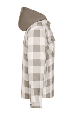 A check shirt jacket in beige and cream, featuring a detachable grey hood and one pocket on the left side.
