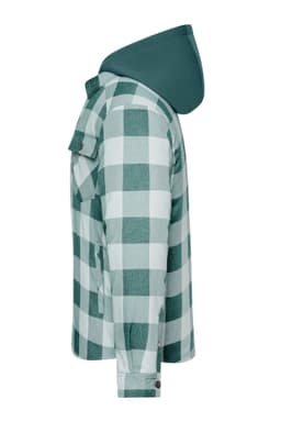 A green and white check shirt jacket with a hood, featuring a side view showcasing its design and fit.