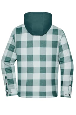 A green and white check shirt jacket with a hood, featuring long sleeves and a logo on the back.