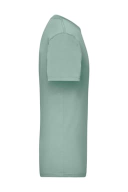 A side view of a mint green men's work T-shirt featuring short sleeves and a simple design.