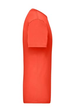 A side view of an orange work T-shirt features short sleeves and a plain design with a logo.