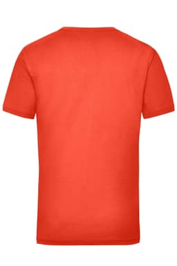 A red work t-shirt with a simple design and short sleeves, featuring a logo on the back.