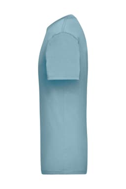 A light blue work T-shirt featuring a round neckline and short sleeves, shown from the side. It has a logo.
