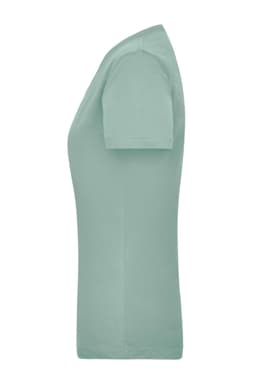 A mint green women's work T-shirt displayed from the side, featuring a simple design and a logo.