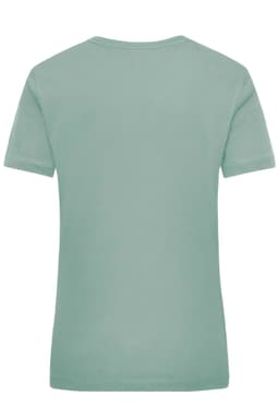 A mint green work t-shirt for women, featuring a simple design and a logo on the back.