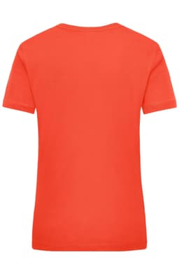 A red women's work t-shirt with a round neck and short sleeves, featuring a logo on the back.