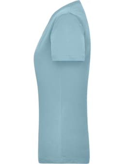 A light blue women's work T-shirt with a fitted design and short sleeves. It features a logo on the fabric.