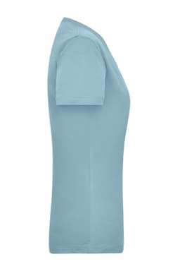 A light blue women's work t-shirt displayed from the side, featuring a fitted design and short sleeves.