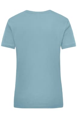 A light blue work t-shirt for women, featuring a simple design and a logo on the back.