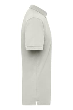 A grey work polo shirt viewed from the side, featuring a collar and short sleeves. The shirt includes a logo.