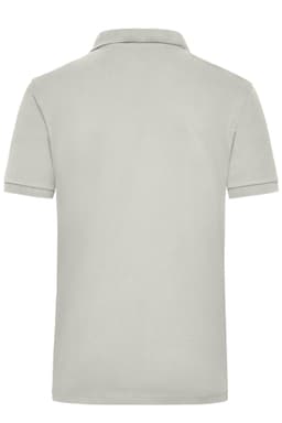 A grey work polo shirt featuring a classic collar and short sleeves, with a logo on the chest.