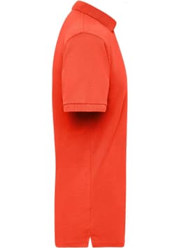 An orange work polo shirt with a collar and short sleeves, featuring a simple design and a logo.
