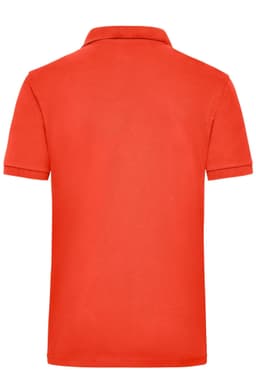 A bright red polo shirt featuring a classic collar and short sleeves, with a logo on the back.
