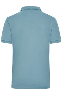 A light blue polo shirt with a collar and short sleeves. It includes a logo on the back.
