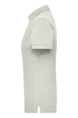 A women's polo shirt in light grey, featuring a classic collar and short sleeves, displaying a logo.