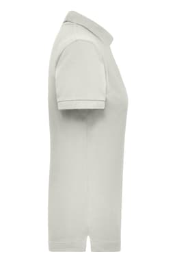 A light grey women's polo shirt with a classic collar and short sleeves, featuring a logo on the chest.