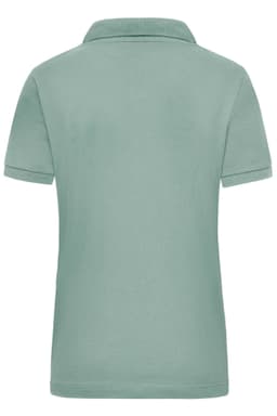 A women's work polo shirt in a soft green colour, featuring a classic collar and short sleeves. It has a logo on the side.